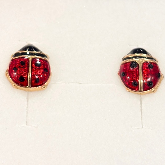 Ladybug Gold Earrings: 14K solid yellow gold red black enamel vintage - Picture 4 of 9